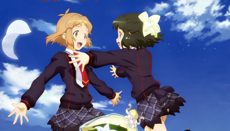Two Girls in School Uniforms — Blue, Playful, Night