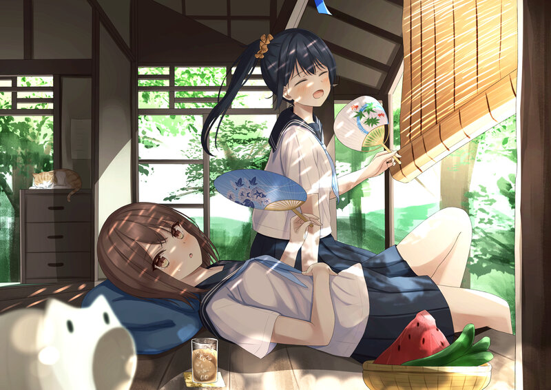 Two Girls in School Uniforms — Blue, Serene, Afternoon, Anime, Cat