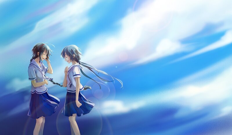 Two Girls in School Uniforms — Blue, Serene, Afternoon, Anime, School Uniform, Sky