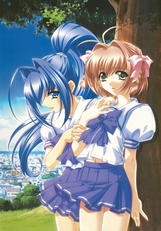 Two Girls in School Uniforms — Blue, Serene, Afternoon, Anime, School Uniform, Tree