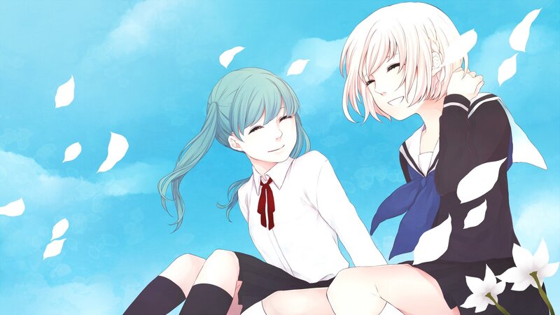 Two Girls in School Uniforms — Blue, Serene, Spring, Anime, School Uniforms