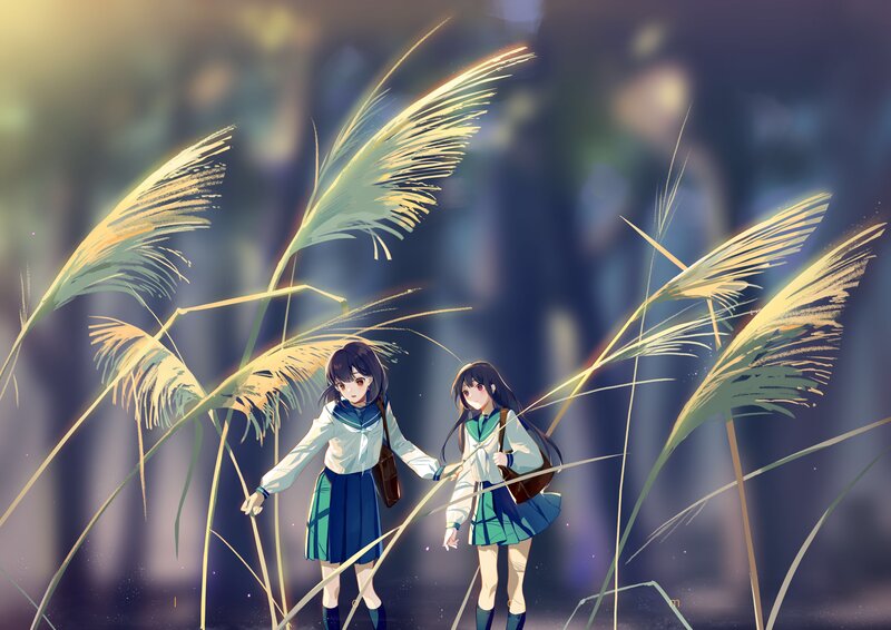 Two Girls in School Uniforms — Blue, Serene, Sunset