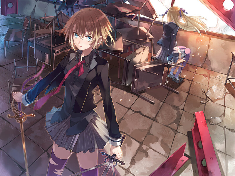 Two Girls in School Uniforms — Brown, Dramatic