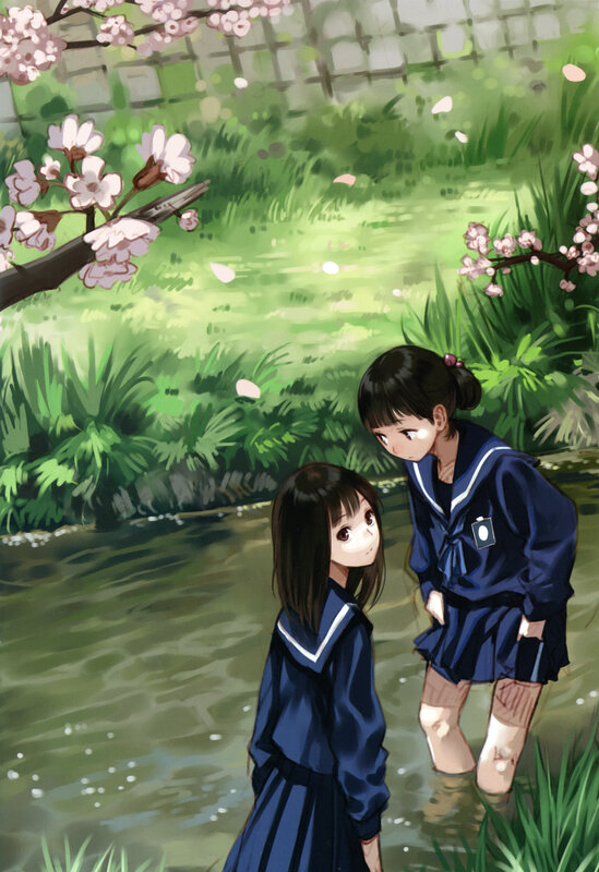 Two girls in school uniforms by a stream