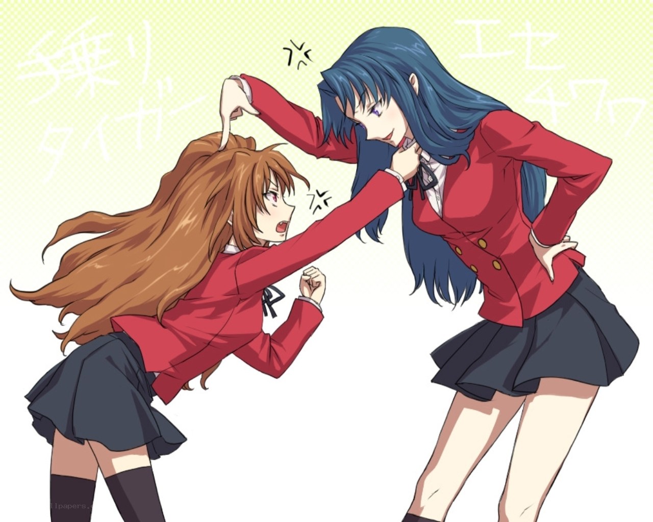 Two girls in school uniforms fighting