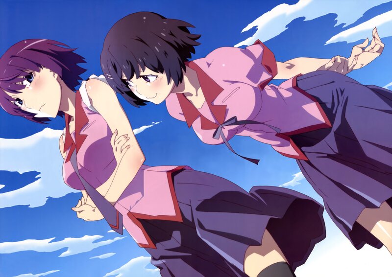 Two girls in school uniforms flying
