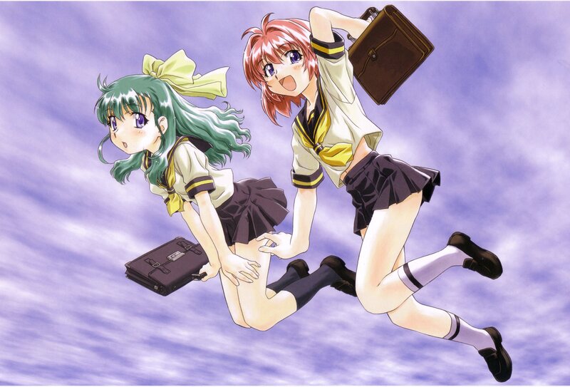 Two girls in school uniforms flying