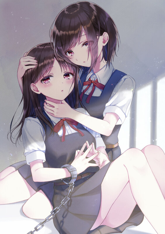Two Girls in School Uniforms — Gray, Dramatic, Anime