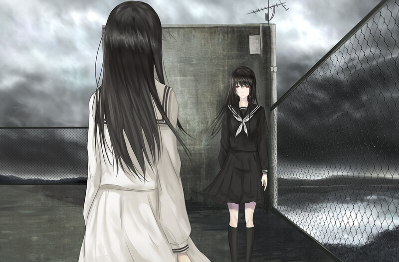 Two Girls in School Uniforms — Gray, Dramatic