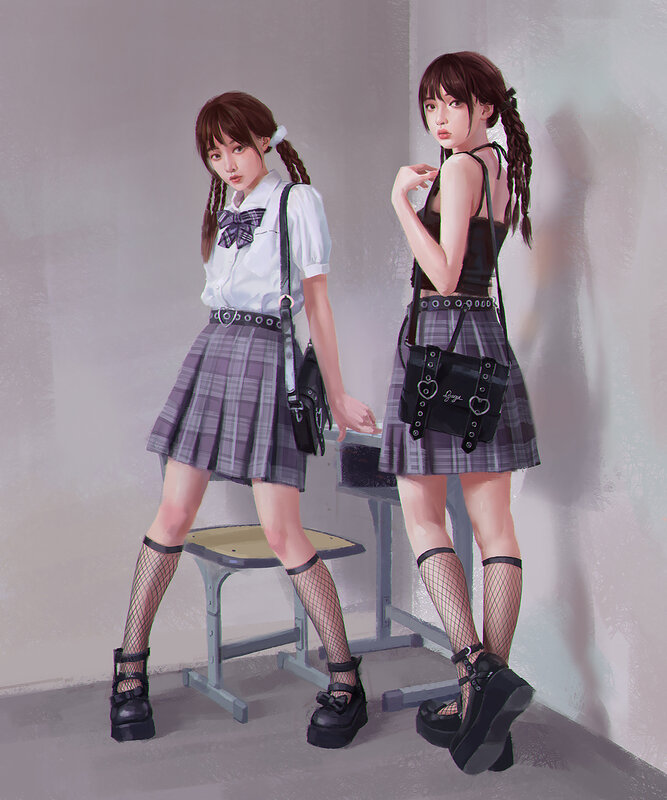 Two Girls in School Uniforms — Gray, Neutral