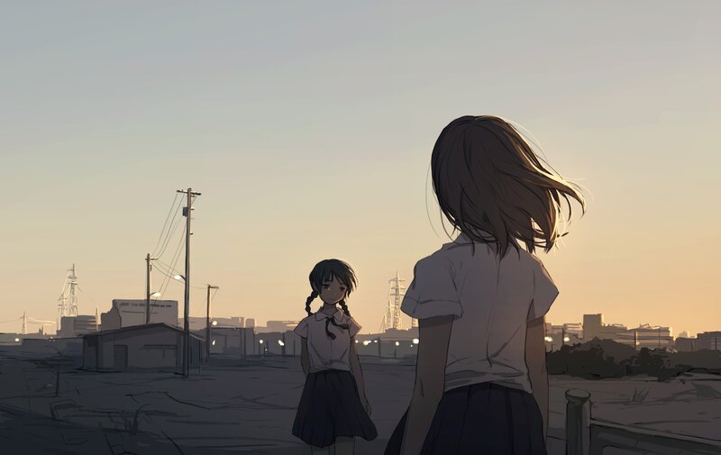 Two Girls in School Uniforms — Gray, Serene
