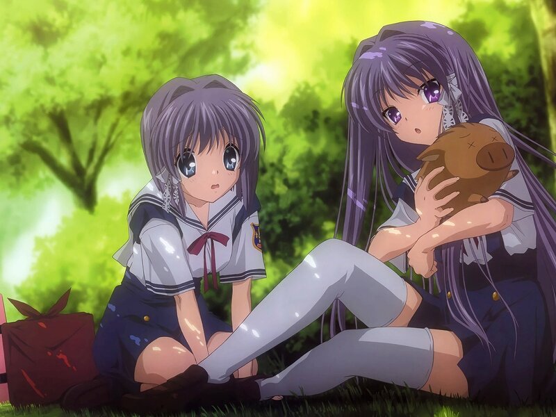 Two Girls in School Uniforms — Green, Calm, Afternoon, Anime
