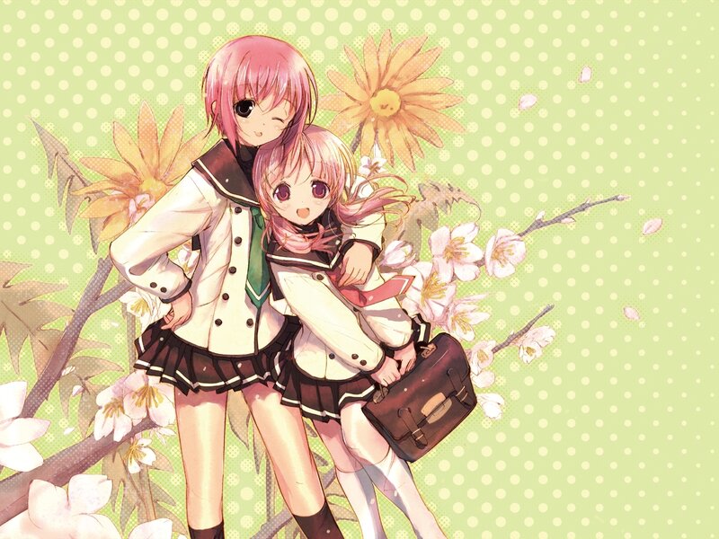 Two Girls in School Uniforms — Green, Cheerful