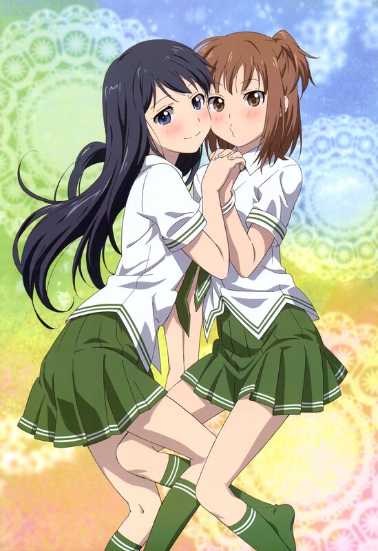 Two Girls in School Uniforms — Green, Happy
