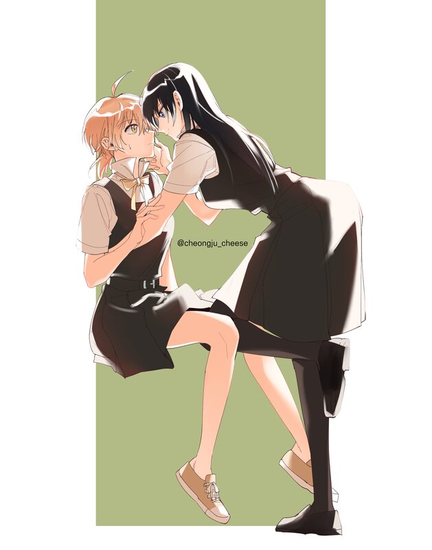 Two Girls in School Uniforms — Green, Intimate