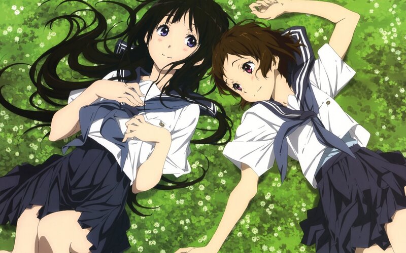 Two Girls in School Uniforms — Green, Peaceful, Afternoon, Anime, Grass, Flowers, School Uniform