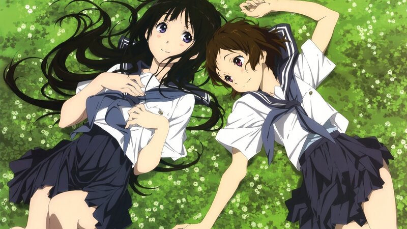 Two Girls in School Uniforms — Green, Peaceful, Afternoon, Anime, Grass