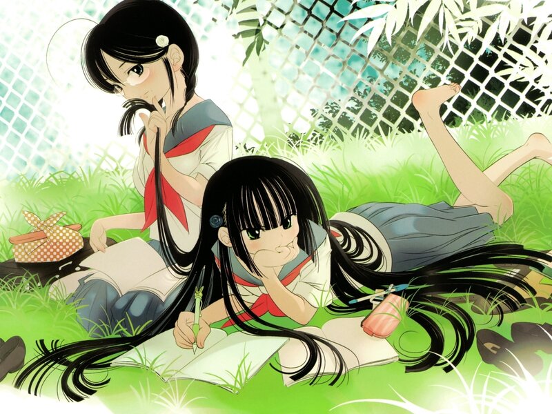 Two Girls in School Uniforms — Green, Peaceful, Afternoon, Anime