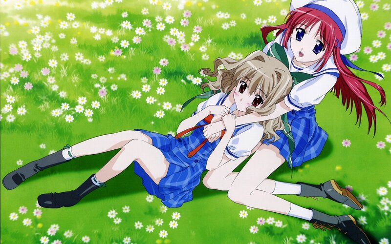 Two Girls in School Uniforms — Green, Playful, Spring