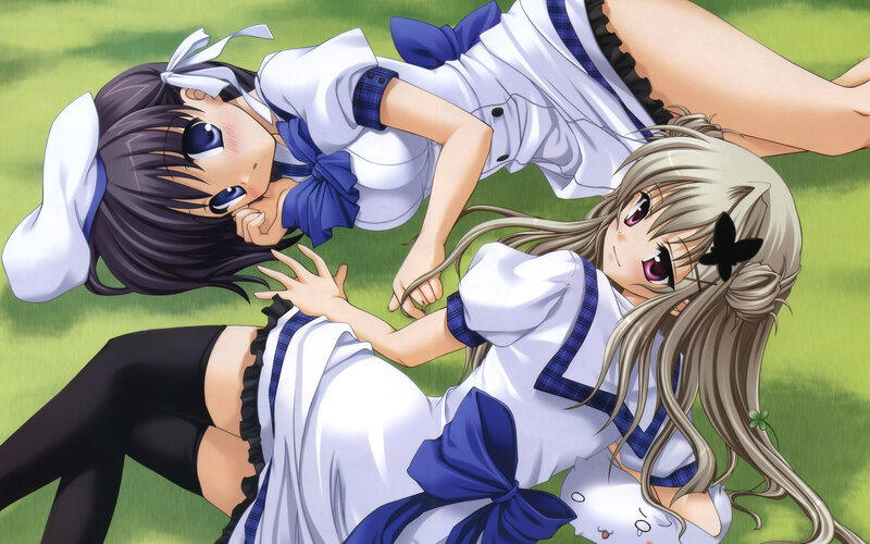 Two Girls in School Uniforms — Green, Playful