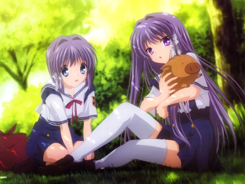 Two Girls in School Uniforms — Green, Serene, Afternoon, Anime, Stuffed Pig