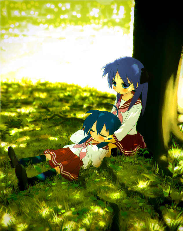 Two Girls in School Uniforms — Green, Serene, Afternoon, Anime, Tree