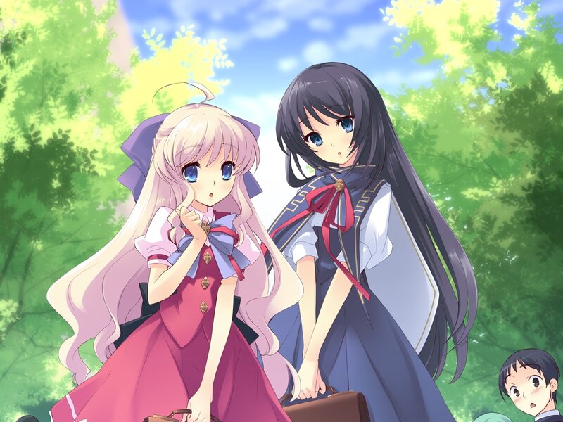 Two Girls in School Uniforms — Green, Serene, Afternoon, Anime, Trees