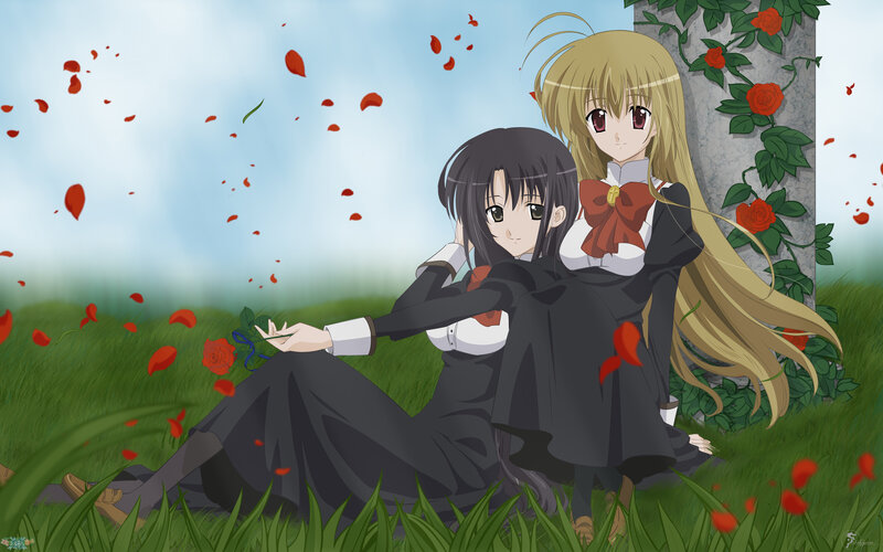 Two Girls in School Uniforms — Green, Serene, Spring, Anime, Roses