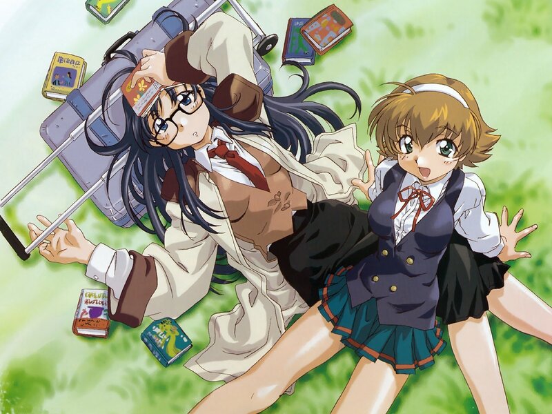 Two girls in school uniforms on grass