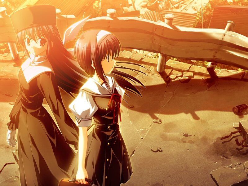 Two Girls in School Uniforms — Orange, Dramatic, Sunset, Anime, School Uniform