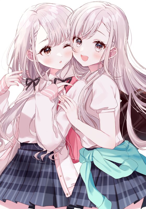 Two Girls in School Uniforms — Pink, Cheerful, Anime, School Uniform