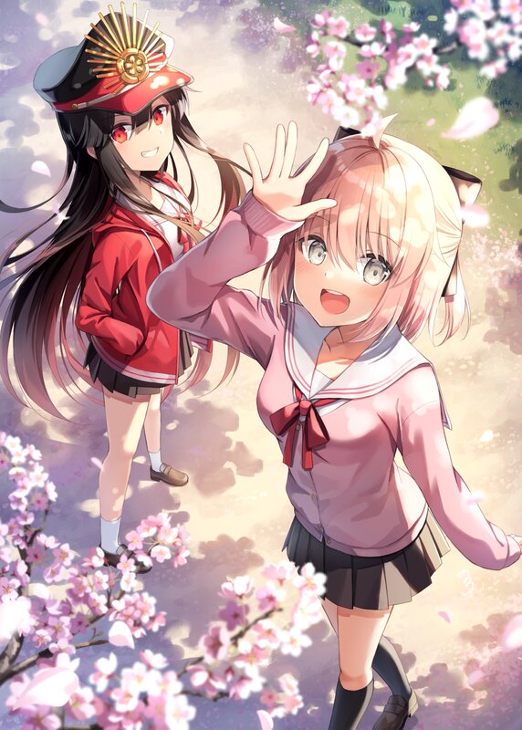 Two Girls in School Uniforms — Pink, Cheerful, Spring, Anime