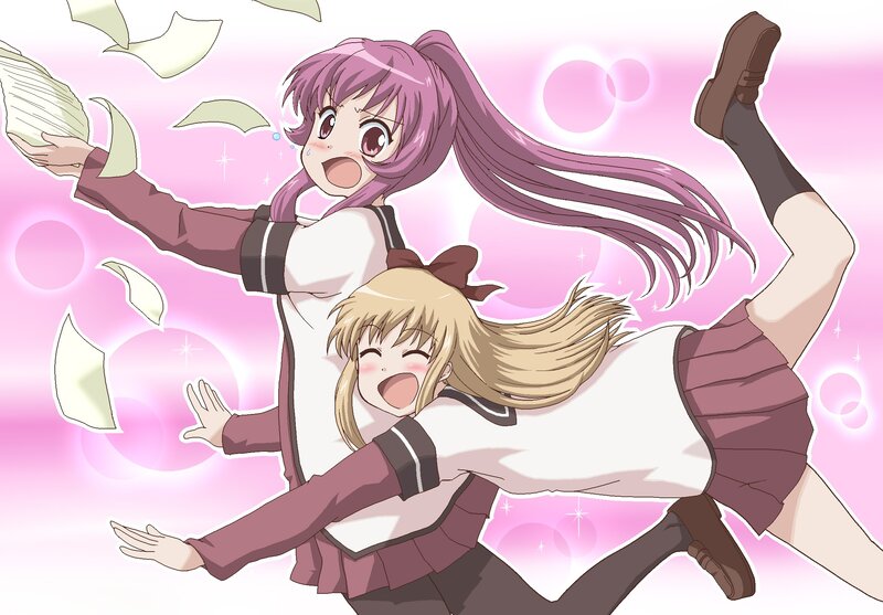 Two Girls in School Uniforms — Pink, Playful, Anime, School Uniform, Paper