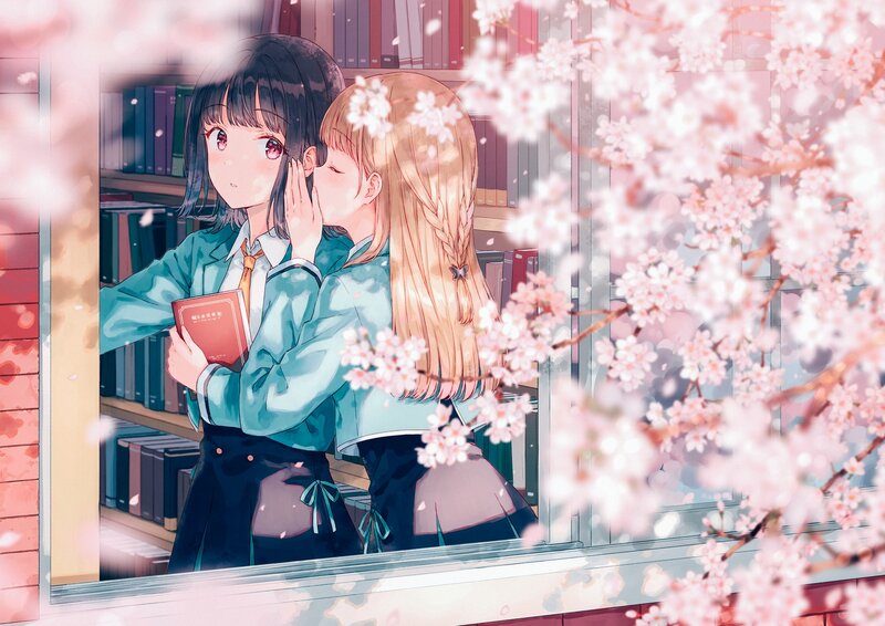 Two Girls in School Uniforms — Pink, Serene, Spring, Anime, Cherry Blossoms, Bookshelf