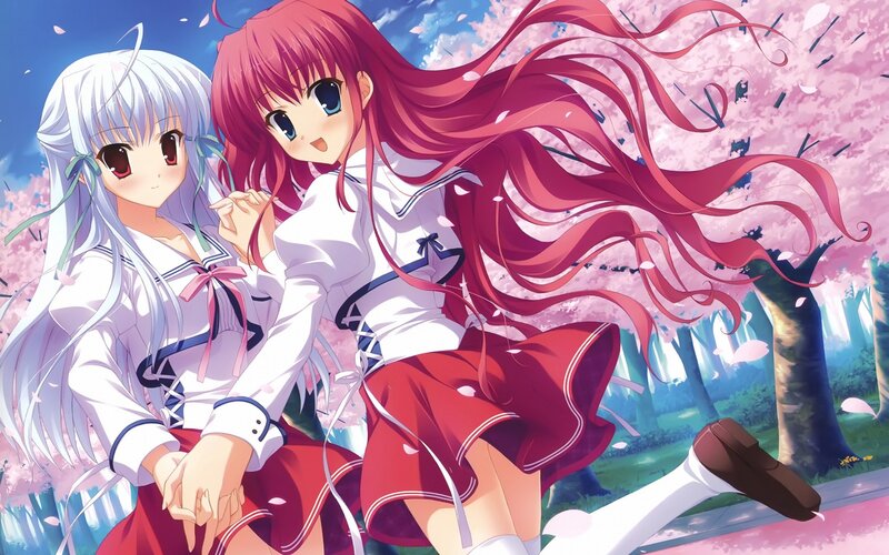 Two Girls in School Uniforms — Pink, Serene, Spring, Anime, Cherry Blossoms, School Uniform