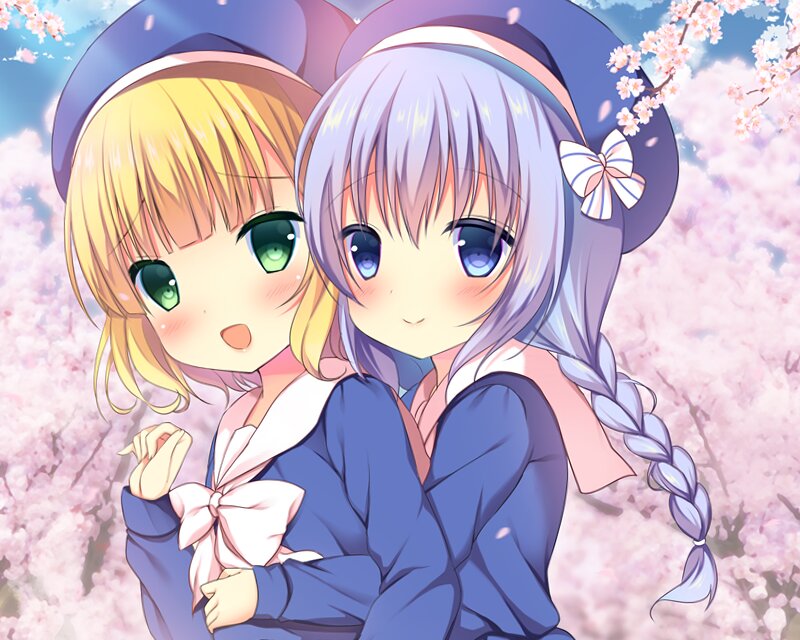 Two Girls in School Uniforms — Pink, Serene, Spring, Anime, Cherry Blossoms, School Uniforms