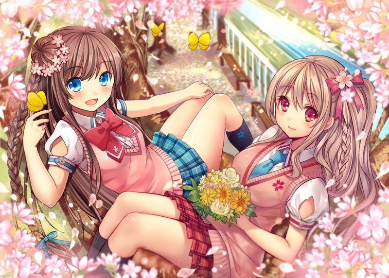 Two Girls in School Uniforms — Pink, Serene, Spring, Anime, Cherry Blossoms