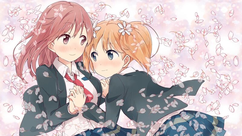 Two Girls in School Uniforms — Pink, Serene, Spring, Anime, School Uniform, Cherry Blossoms