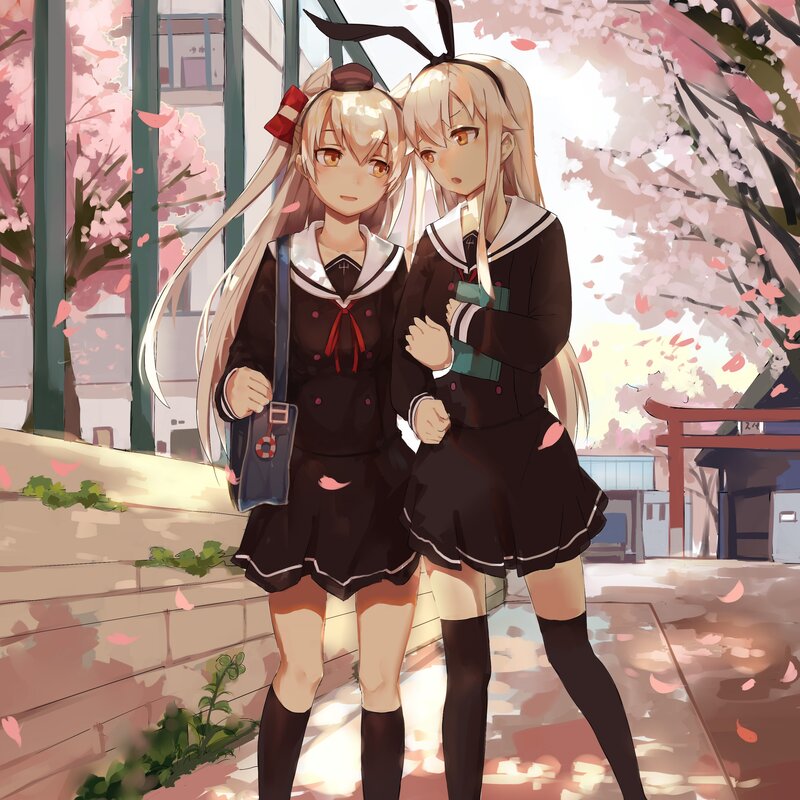 Two Girls in School Uniforms — Pink, Serene, Spring, Anime