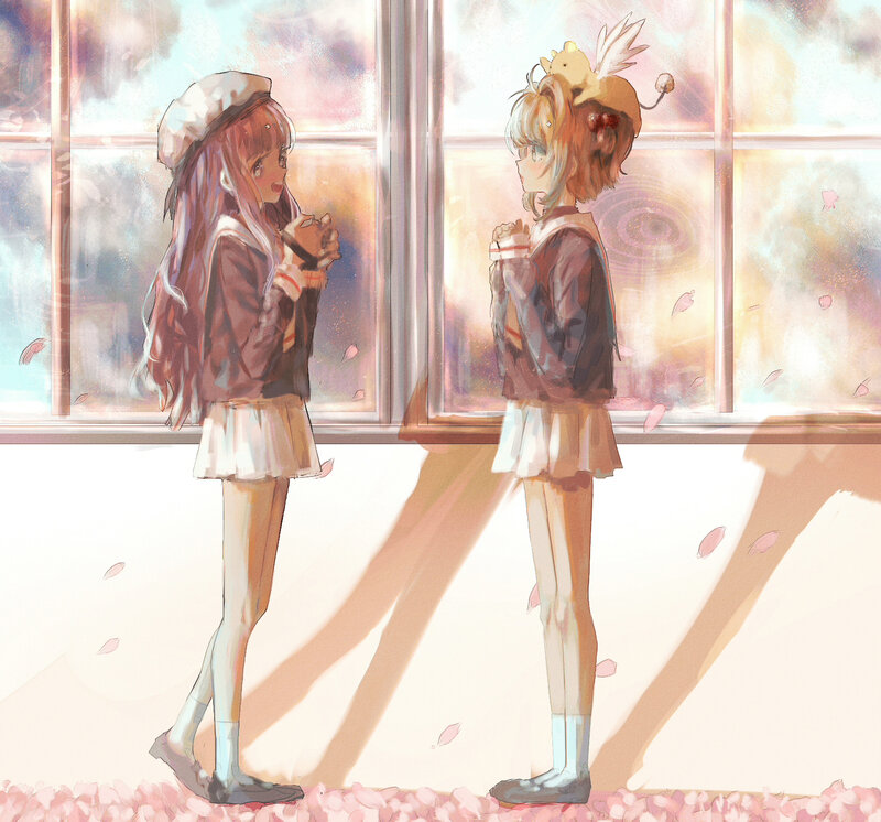 Two Girls in School Uniforms — Pink, Serene, Spring, Anime, Window