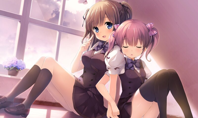 Two Girls in School Uniforms — Purple, Calm