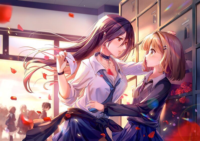 Two Girls in School Uniforms — Purple, Dramatic, Sunset