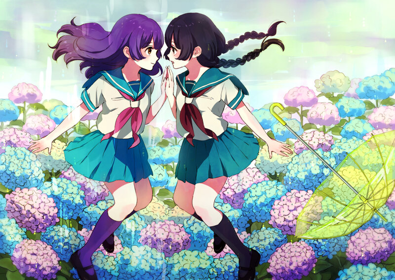 Two Girls in School Uniforms — Purple, Playful