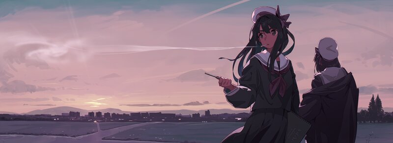 Two Girls in School Uniforms — Purple, Serene, Sunset, Anime, School Uniform