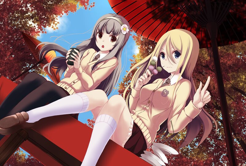 Two Girls in School Uniforms — Red, Calm, Autumn