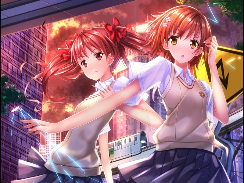 Two Girls in School Uniforms — Red, Dramatic, Night