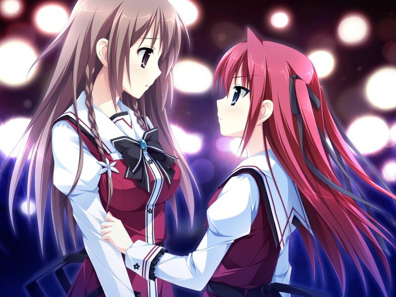 Two Girls in School Uniforms — Red, Dramatic