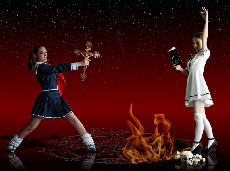 Two Girls in School Uniforms — Red