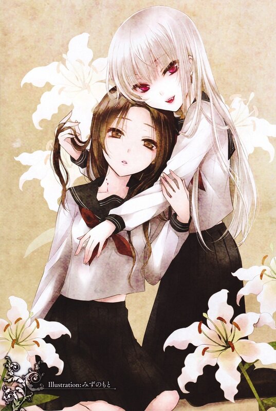 Two Girls in School Uniforms — White, Calm, Anime, School Uniform, Lilies