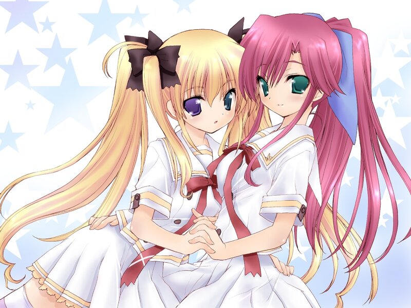 Two Girls in School Uniforms — White, Calm